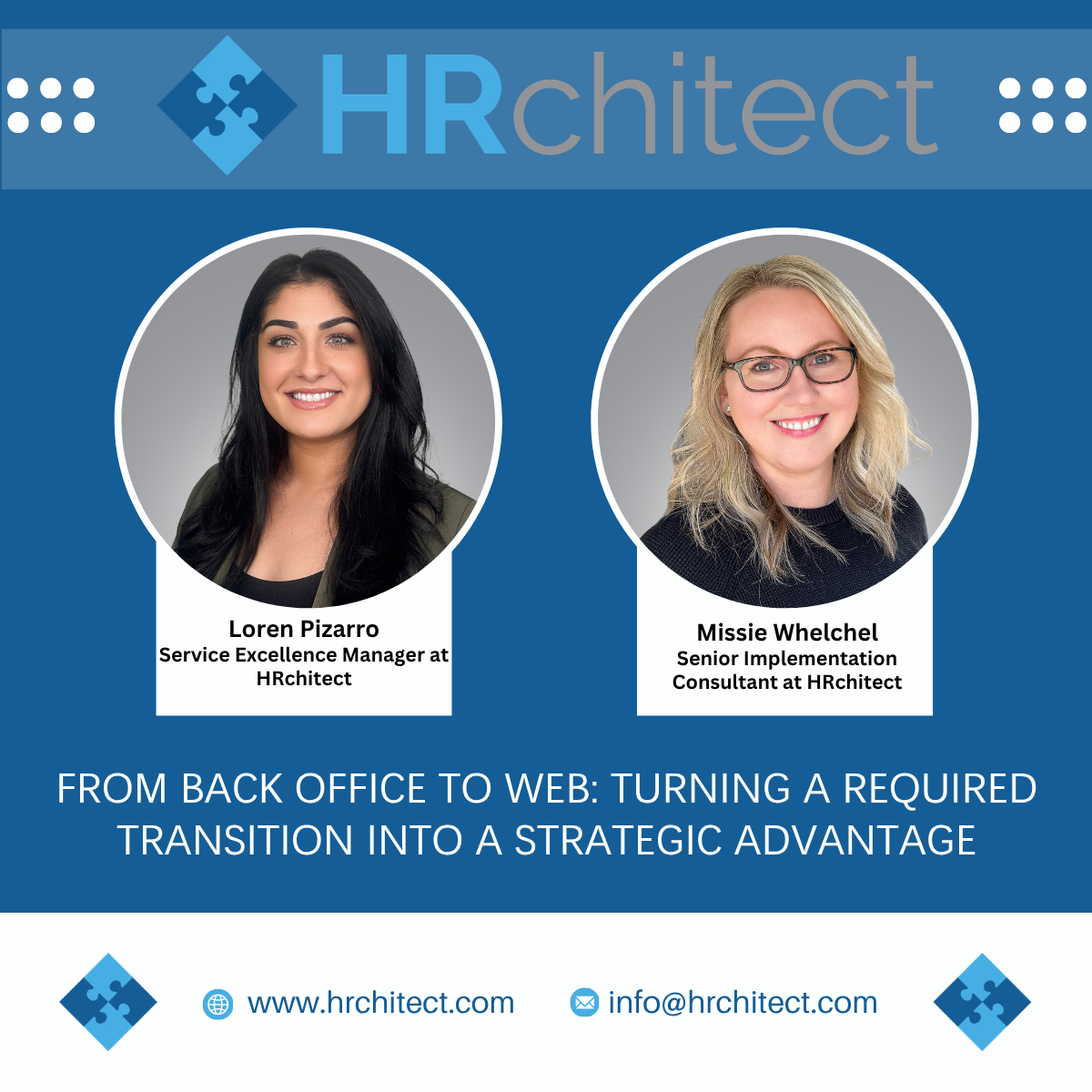 Two HRchitect consultants on a blue background